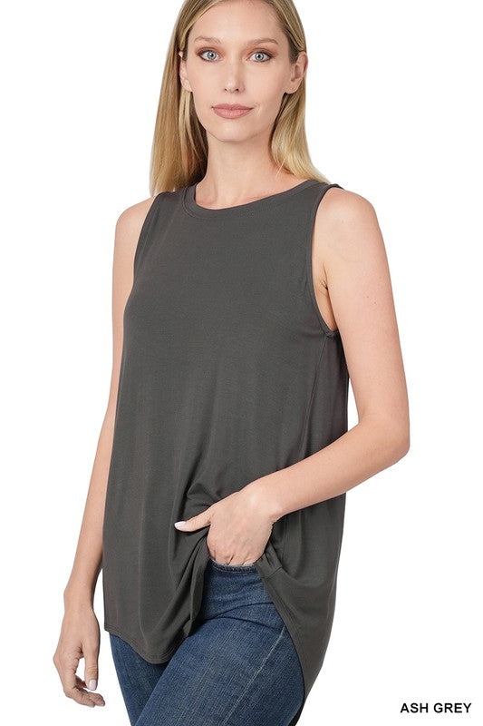 LUXE RAYON SLEEVELESS ROUND NECK HI-LOW HEM TOP