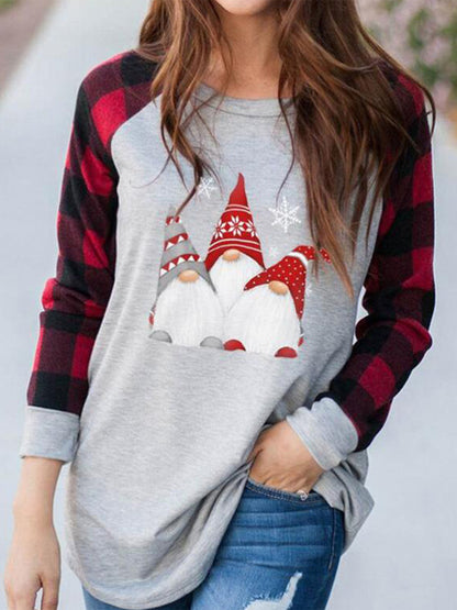 Graphic Plaid Round Neck Long Sleeve T-Shirt