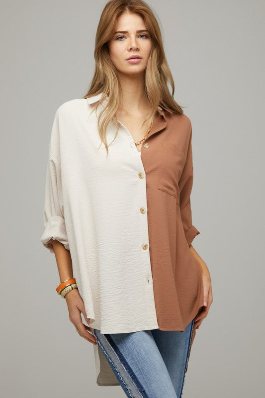 Color Block Button Down Shirt