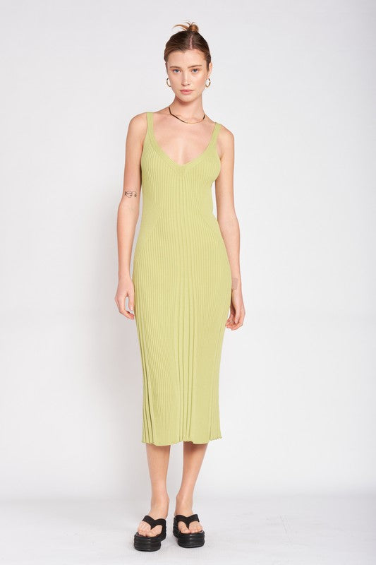 V NECK RIBBED MIDI DRESS WITH OPEN BACK