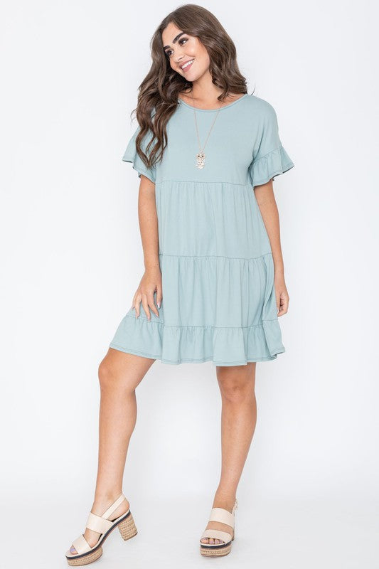 Solid Ruffle Triple Tiered Midi Dress