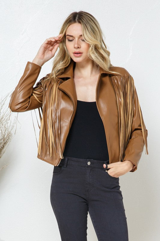 Faux Leather Moto Fringe Jacket