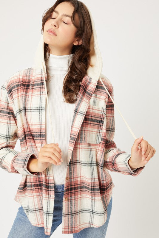 Plaid Flannel Button Up Shacket with Hood