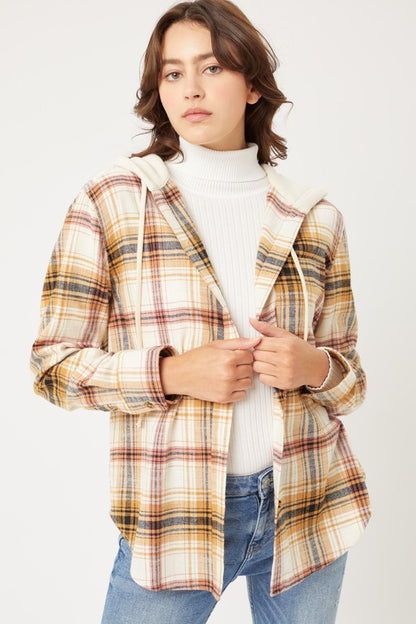 Plaid Flannel Button Up Shacket with Hood