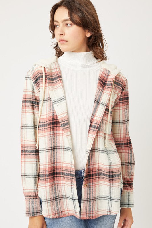 Plaid Flannel Button Up Shacket with Hood