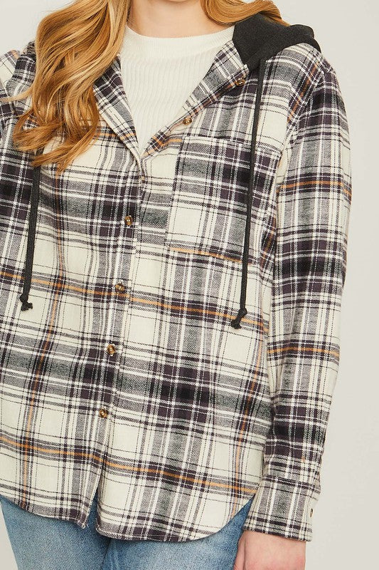 Plaid Flannel Button Up Shacket with Hood