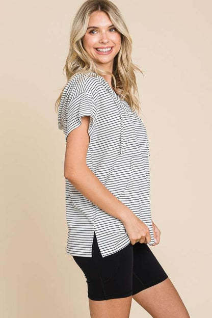 Striped Short Sleeve Hooded Top