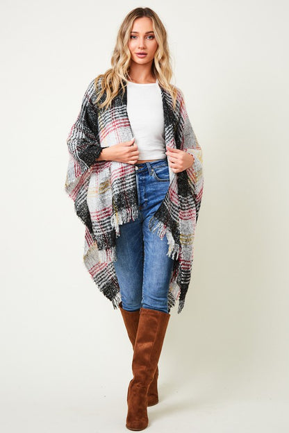 MULTI PLAID FRINGE PONCHO SHAWL