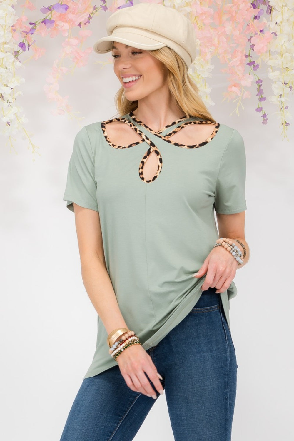 Crisscross Cutout Leopard Contrast Trim T-Shirt