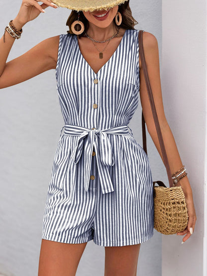 Striped V-Neck Tie Waist Romper
