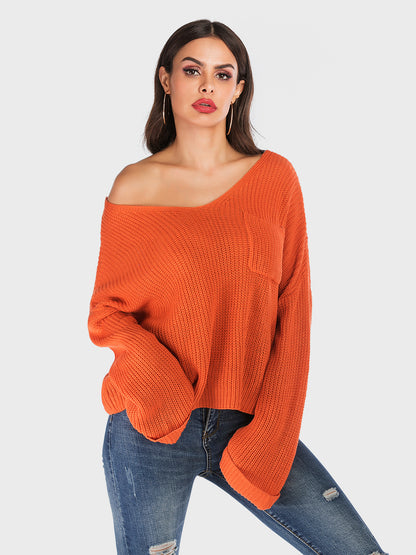 V-Neck Dropped Shoulder Long Sleeve Sweater