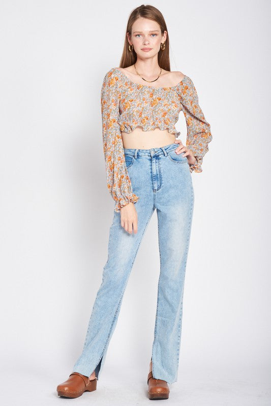 SCOOP NECK FLORAL CROP TOP WITH RUFFLE DETAIL