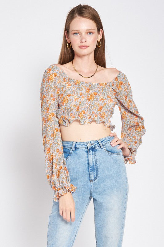 SCOOP NECK FLORAL CROP TOP WITH RUFFLE DETAIL