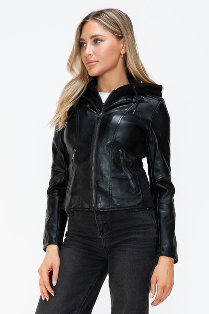 Faux Leather Zip Up Drawstring Hooded Jacket