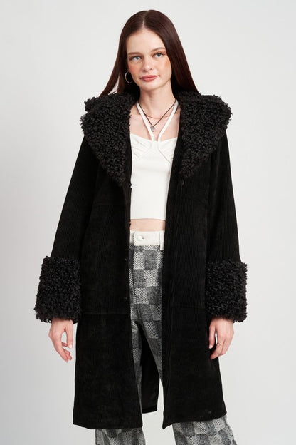 CORDUROY COAT WITH FAUX SHEARLING TRIM