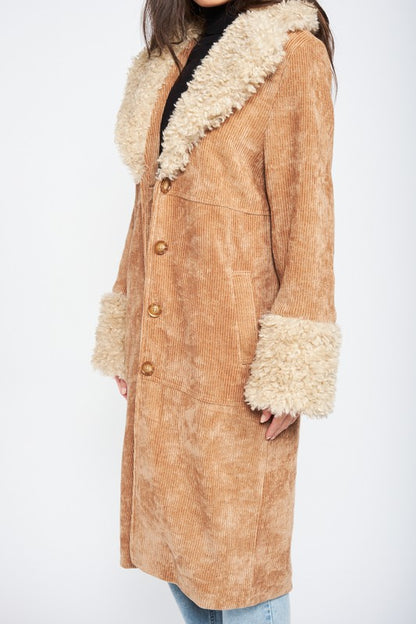 CORDUROY COAT WITH FAUX SHEARLING TRIM