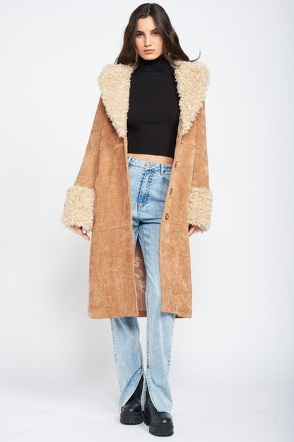 CORDUROY COAT WITH FAUX SHEARLING TRIM