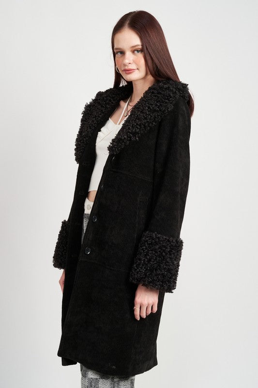 CORDUROY COAT WITH FAUX SHEARLING TRIM