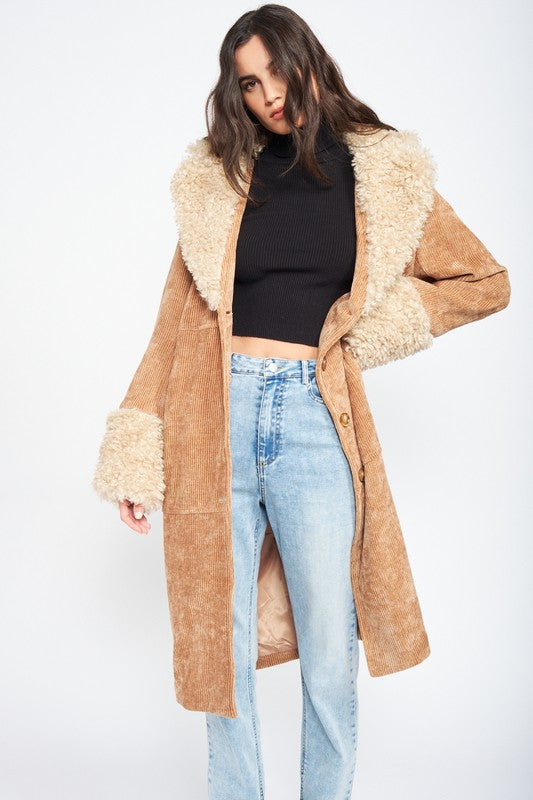 CORDUROY COAT WITH FAUX SHEARLING TRIM