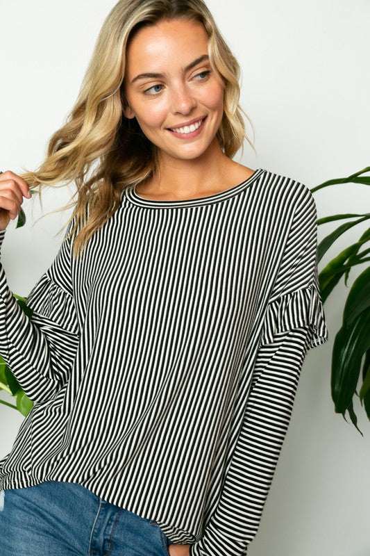 PIN STRIPE RUFFLED LONG SLEEVE ROUND NECK PLUS TOP