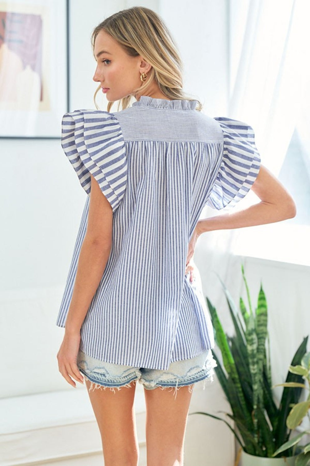 Striped Flutter Sleeve Blouse