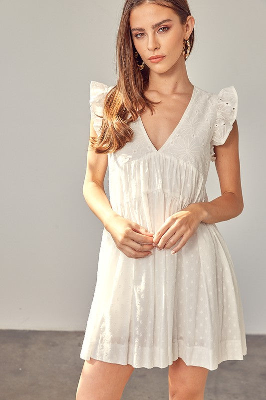 V NECK RUFFLE DETAIL ROMPER DRESS