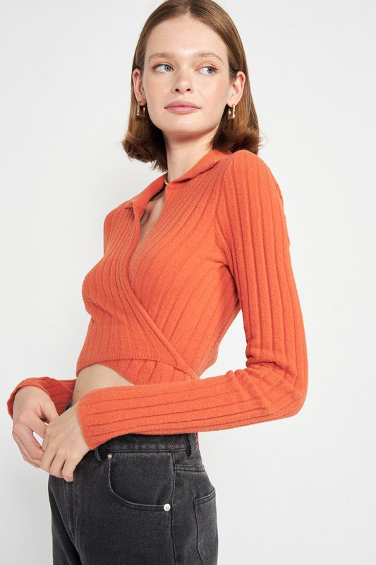 COLLARED LONG SLEEVE CROP TOP