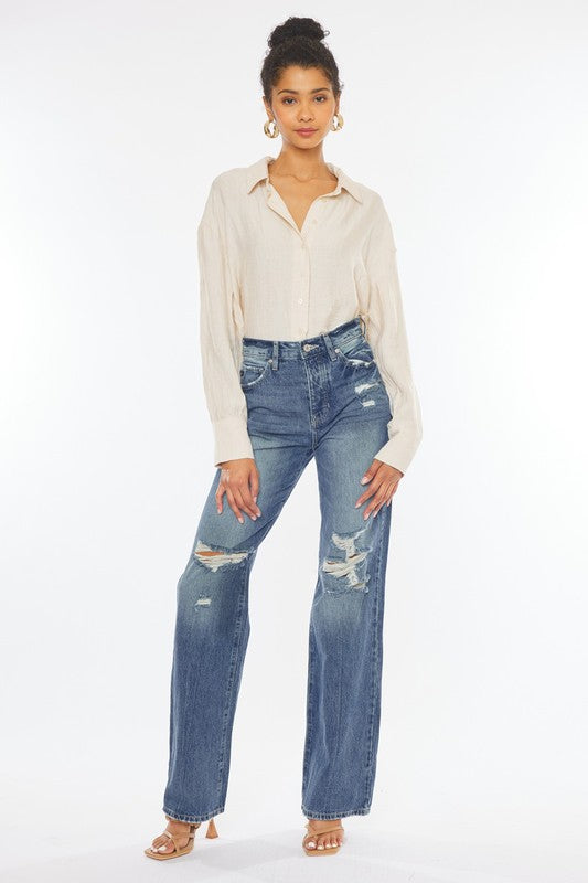 KAN CAN USA ULTRA HIGH RISE DISTRESSED NINETIES FLARE