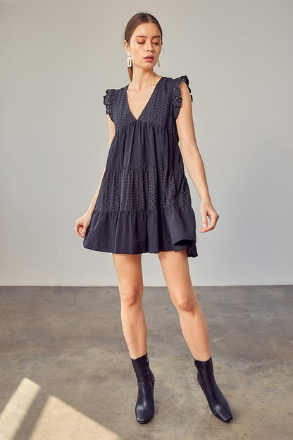 V-NECK EYELET DRESS