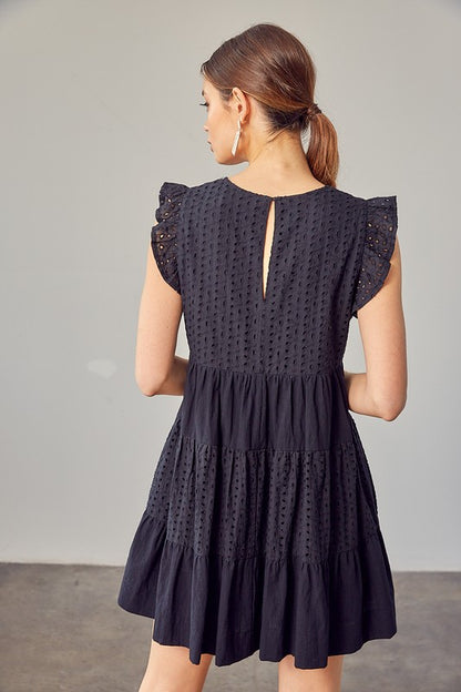 V-NECK EYELET DRESS