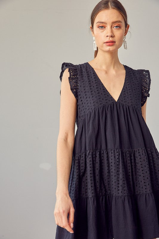 V-NECK EYELET DRESS