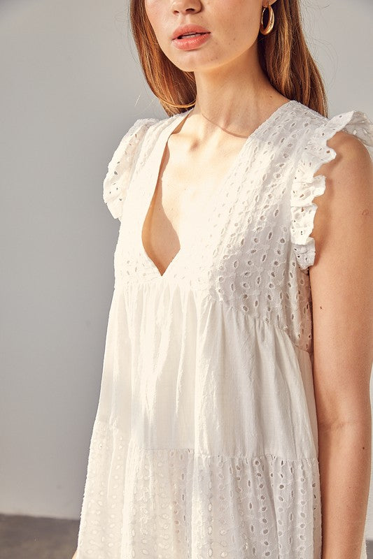 V-NECK EYELET DRESS