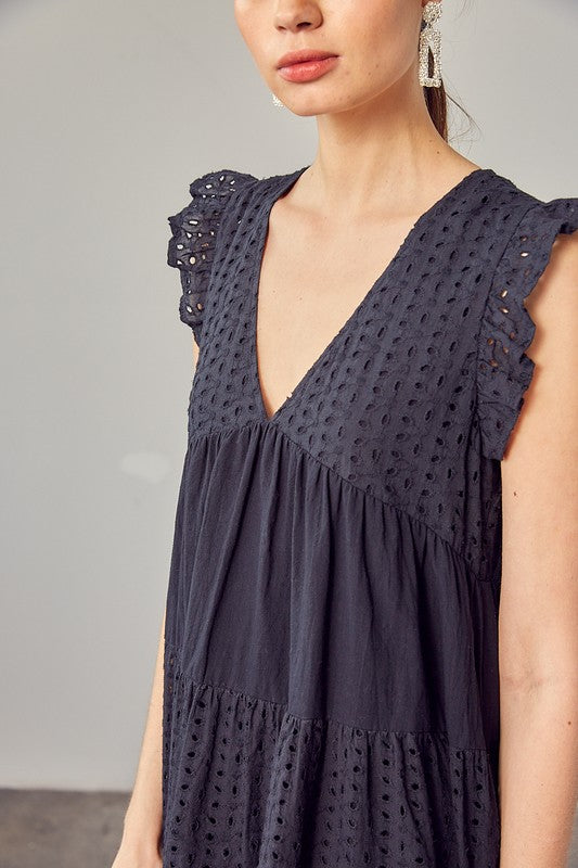 V-NECK EYELET DRESS