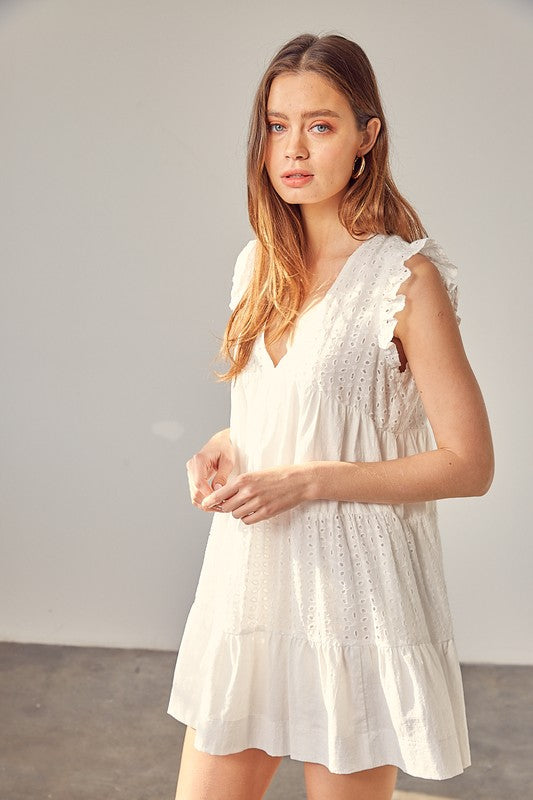 V-NECK EYELET DRESS