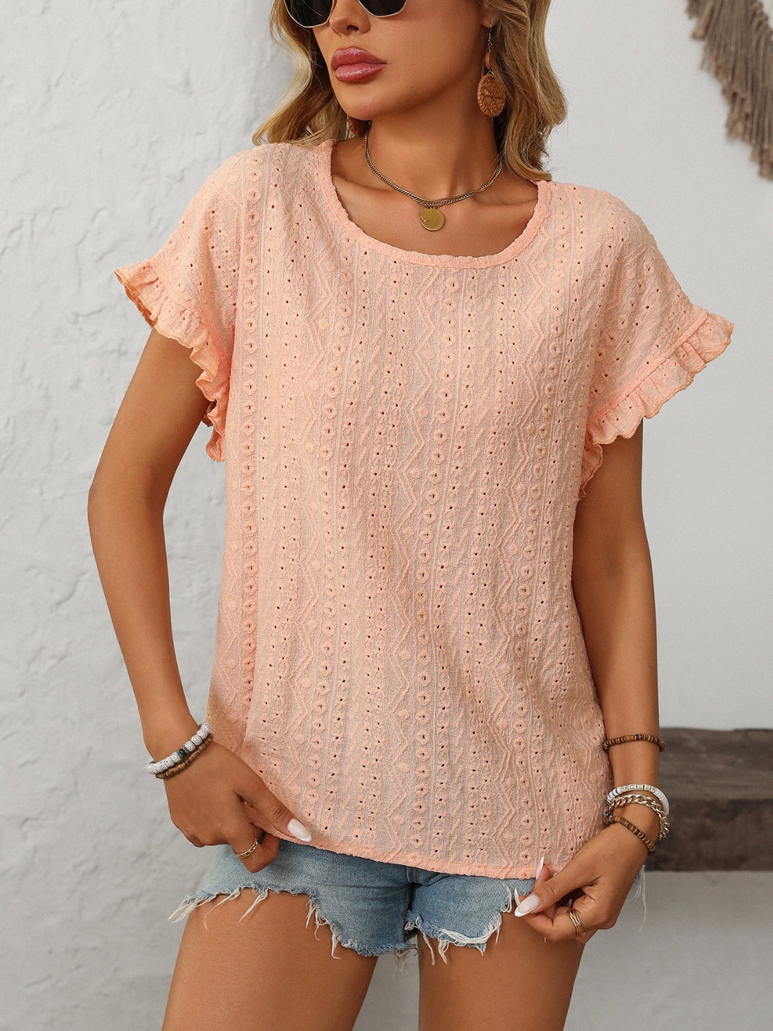 Eyelet Round Neck Short Sleeve Top
