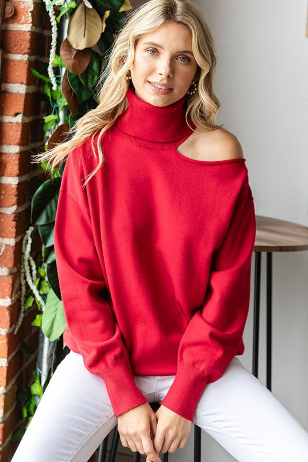 Cut Out Shoulder Turtleneck Sweater