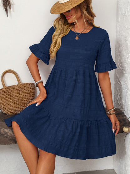 Ruffled Ruched Round Neck Half Sleeve Dress
