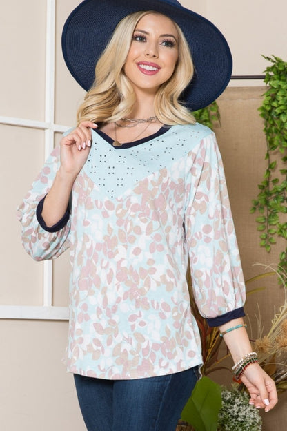 Leaf Print Contrast Trim Balloon Sleeve Top