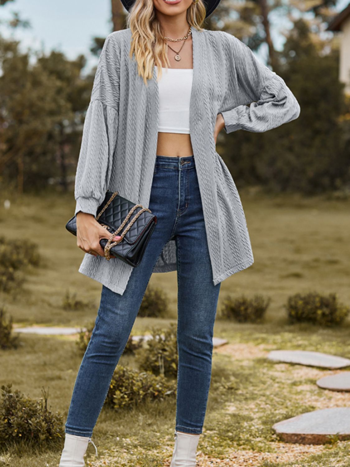 Textured Open Front Dropped Shoulder Cardigan