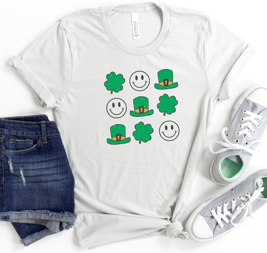 St Patrick Nine Symbol Smiley Shamrock Crew Tee