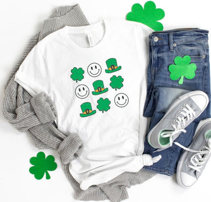 St Patrick Nine Symbol Smiley Shamrock Crew Tee