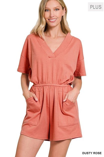 PLUS DROP SHOULDER V-NECK ROMPER WITH POCKETS