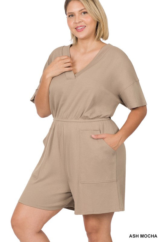 PLUS DROP SHOULDER V-NECK ROMPER WITH POCKETS