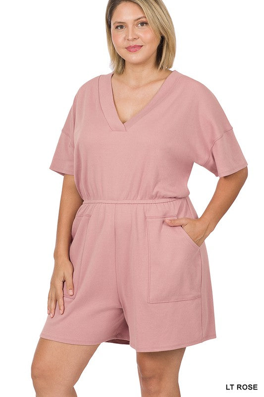 PLUS DROP SHOULDER V-NECK ROMPER WITH POCKETS