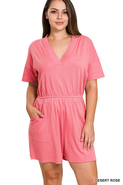 PLUS DROP SHOULDER V-NECK ROMPER WITH POCKETS