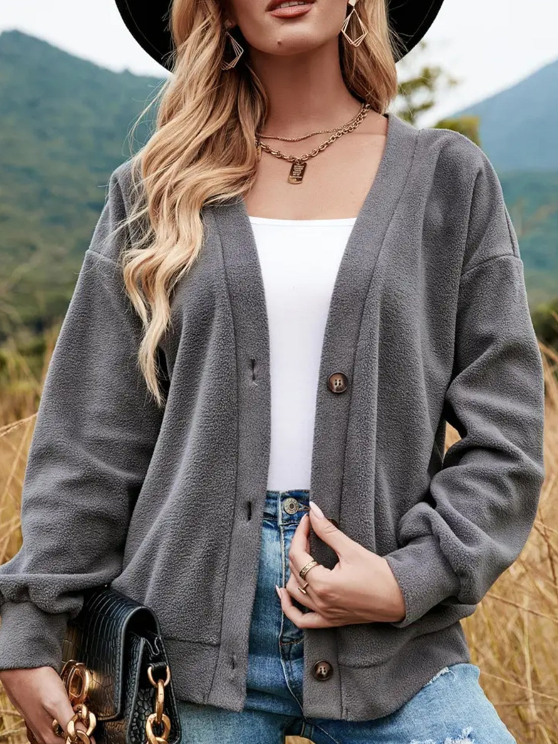 Shiny Button Down V-Neck Dropped Shoulder Jacket