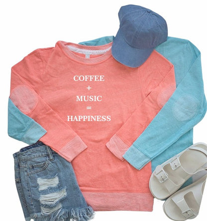 Coffee Music Happiness Crewneck Elbow Patch Crew