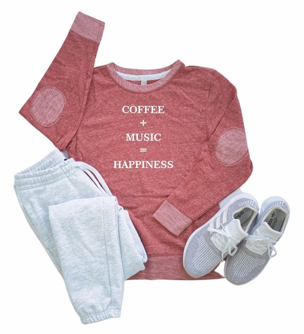 Coffee Music Happiness Crewneck Elbow Patch Crew