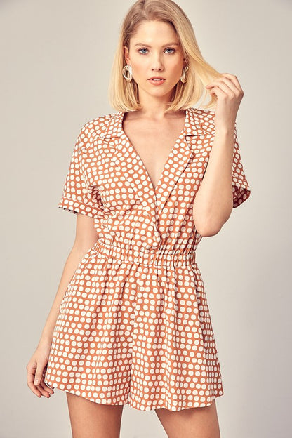 COLLARED OVERLAP POLKA DOT ROMPER