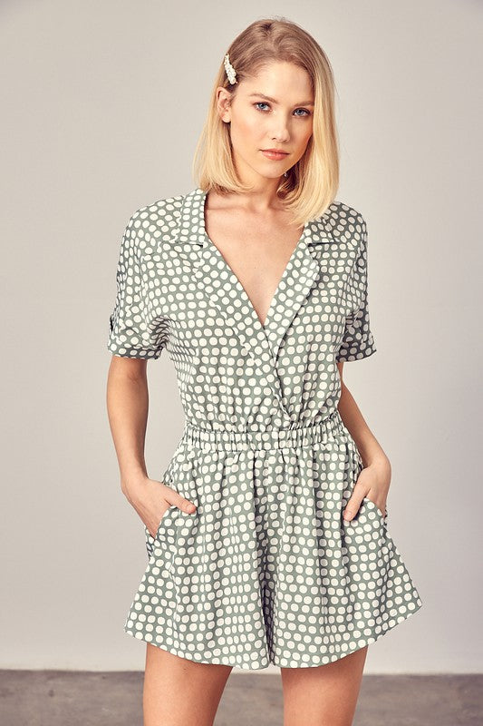 COLLARED OVERLAP POLKA DOT ROMPER